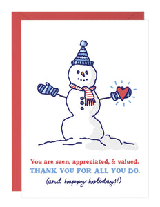 Snowman Holiday Thank You For All You Do Card